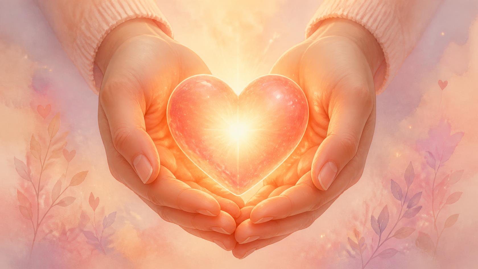 Hands holding a glowing heart